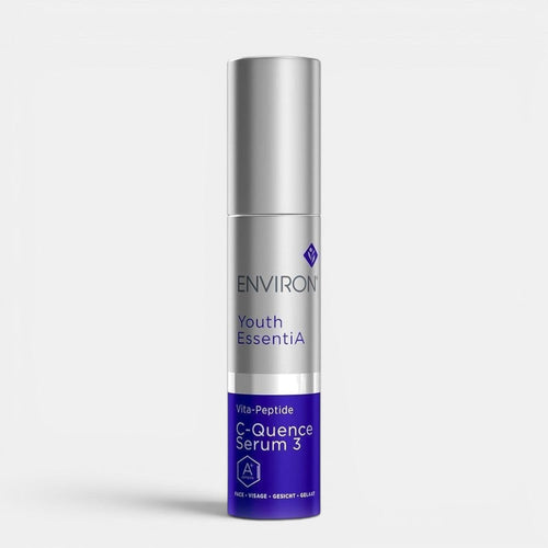 Environ Vita-Peptide C-Quence 3 serum bottle shown, a skincare treatment for youthful, radiant skin in a sleek dropper container.