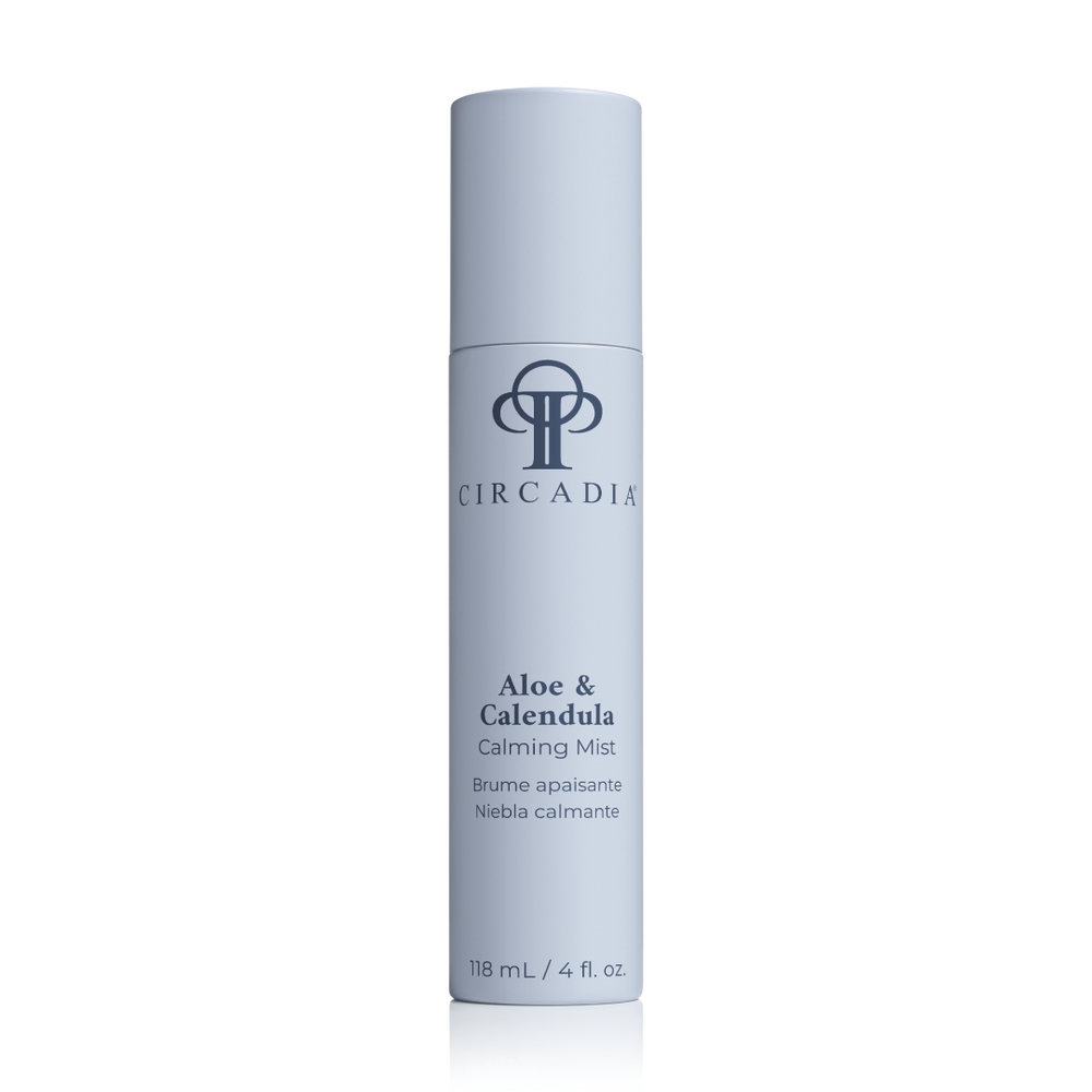 Circadia Aloe & Calendula Calming Mist bottle with a clear spray nozzle, showcasing the soothing botanical ingredients.