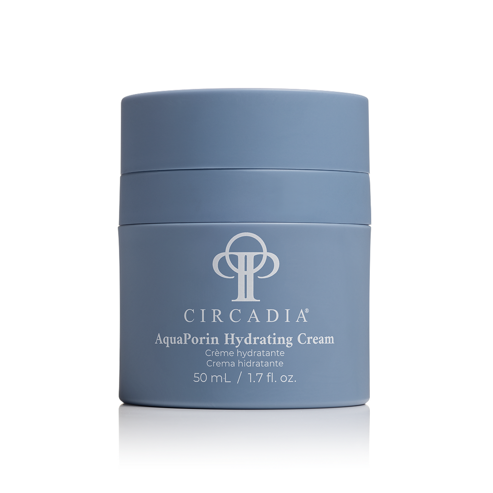 Circadia AquaPorin Hydrating Cream in a jar, moisturizing cream with a smooth texture and clear labeling, ideal for hydrating skin.