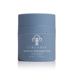 Circadia AquaPorin Hydrating Cream in a jar, moisturizing cream with a smooth texture and clear labeling, ideal for hydrating skin.