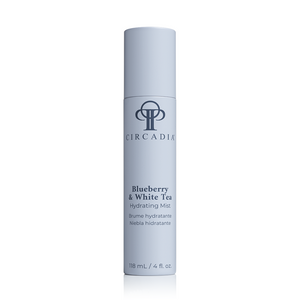 Circadia Blueberry and White Tea Hydrating Mist spray bottle with blue and white labeling, designed to hydrate and refresh skin.