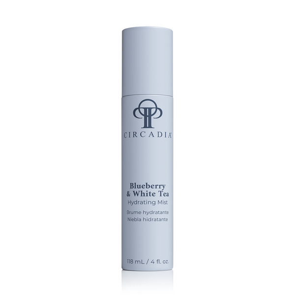 Circadia Blueberry and White Tea Hydrating Mist spray bottle with blue and white labeling, designed to hydrate and refresh skin.