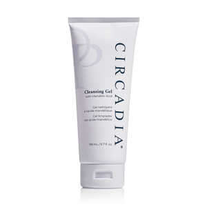 Circadia Cleansing Gel with Mandelic Acid in a clear tube, showing the gel's smooth, light consistency and product label.