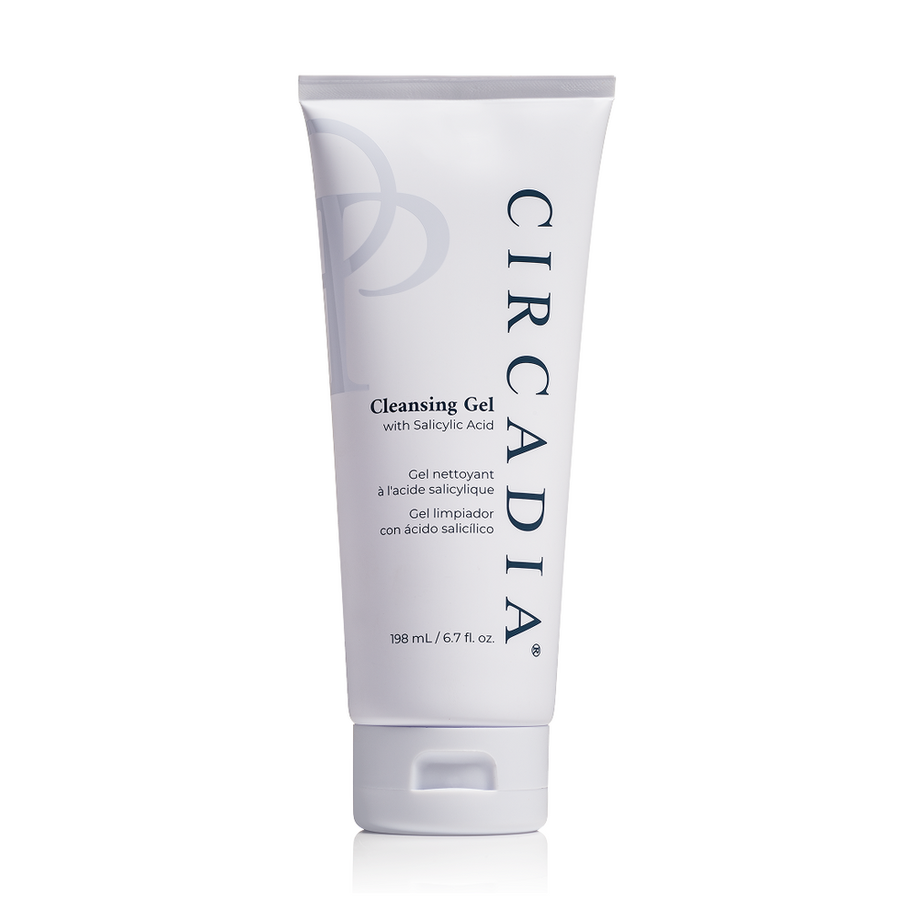 Circadia Cleansing Gel with Salicylic Acid for deep pore cleansing, visible in the image with clear gel texture and product packaging.