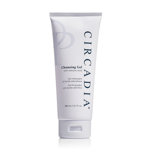 Circadia Cleansing Gel with Salicylic Acid for deep pore cleansing, visible in the image with clear gel texture and product packaging.