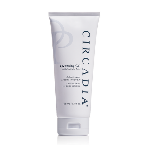 Circadia Cleansing Gel with Salicylic Acid for deep pore cleansing, visible in the image with clear gel texture and product packaging.