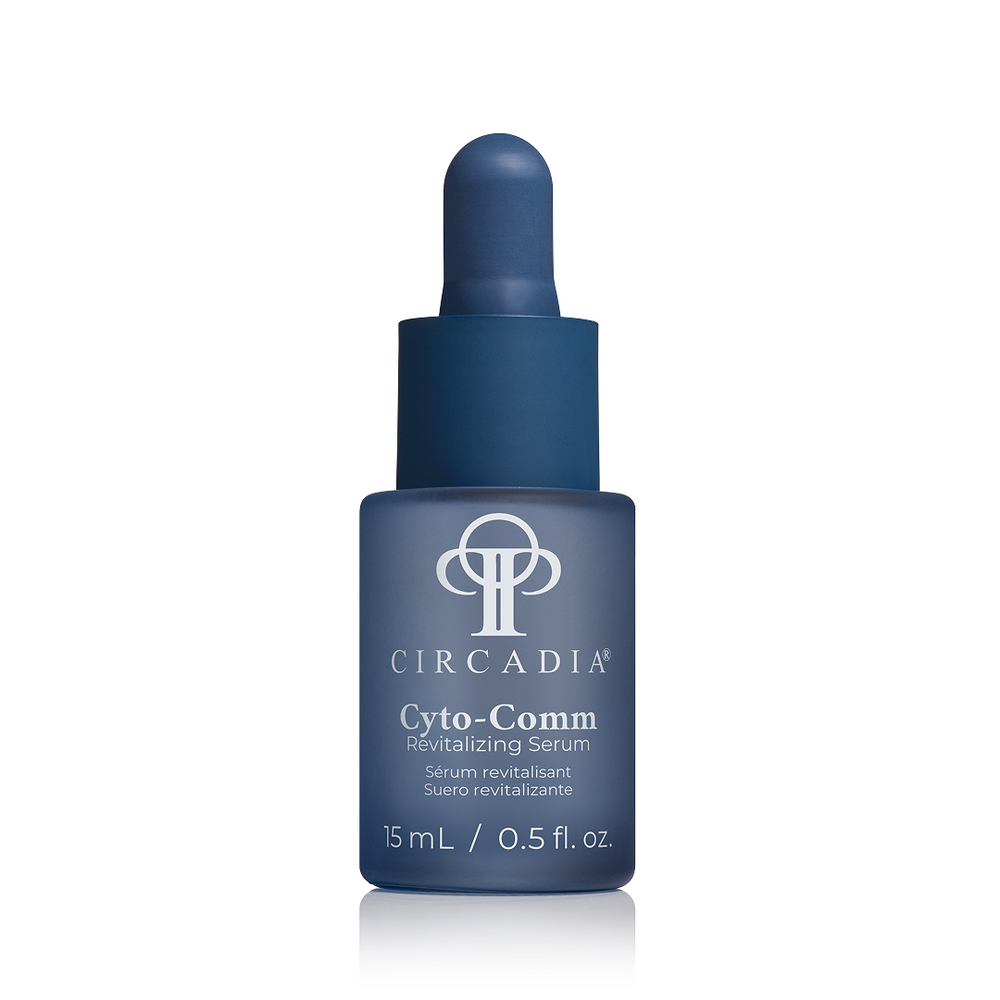 Circadia Cyto-Comm Revitalizing Serum in a clear glass bottle with dropper, showcasing the nourishing skincare formula.
