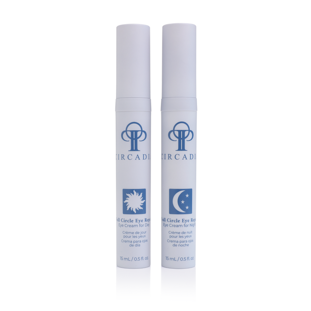 Circadia Full Circle Eye Repair duo with two eye creams in sleek containers for eye care and rejuvenation.
