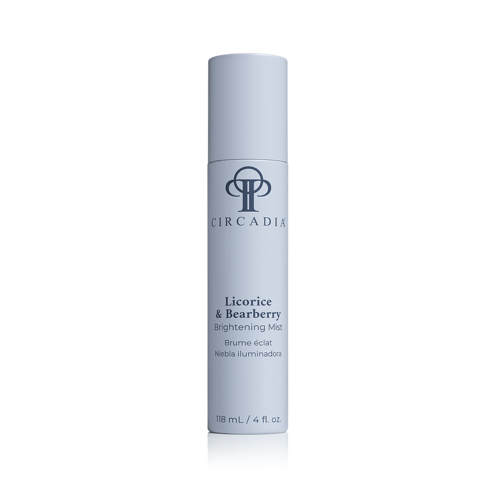 Circadia Licorice & Bearberry Brightening Mist in a clear spray bottle, featuring natural ingredients for skin brightening and hydration.