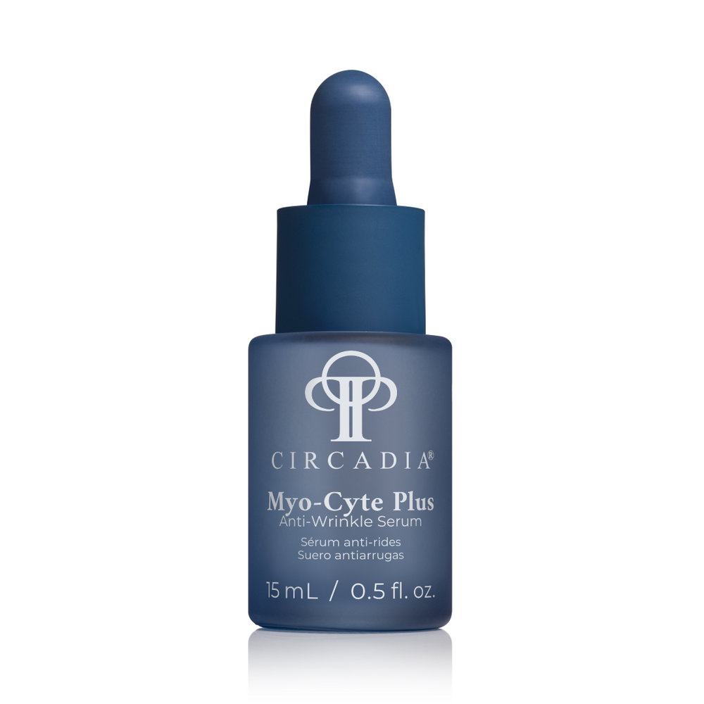 Circadia Myo-Cyte Plus anti-wrinkle serum in a sleek bottle, designed to reduce wrinkles and improve skin firmness.
