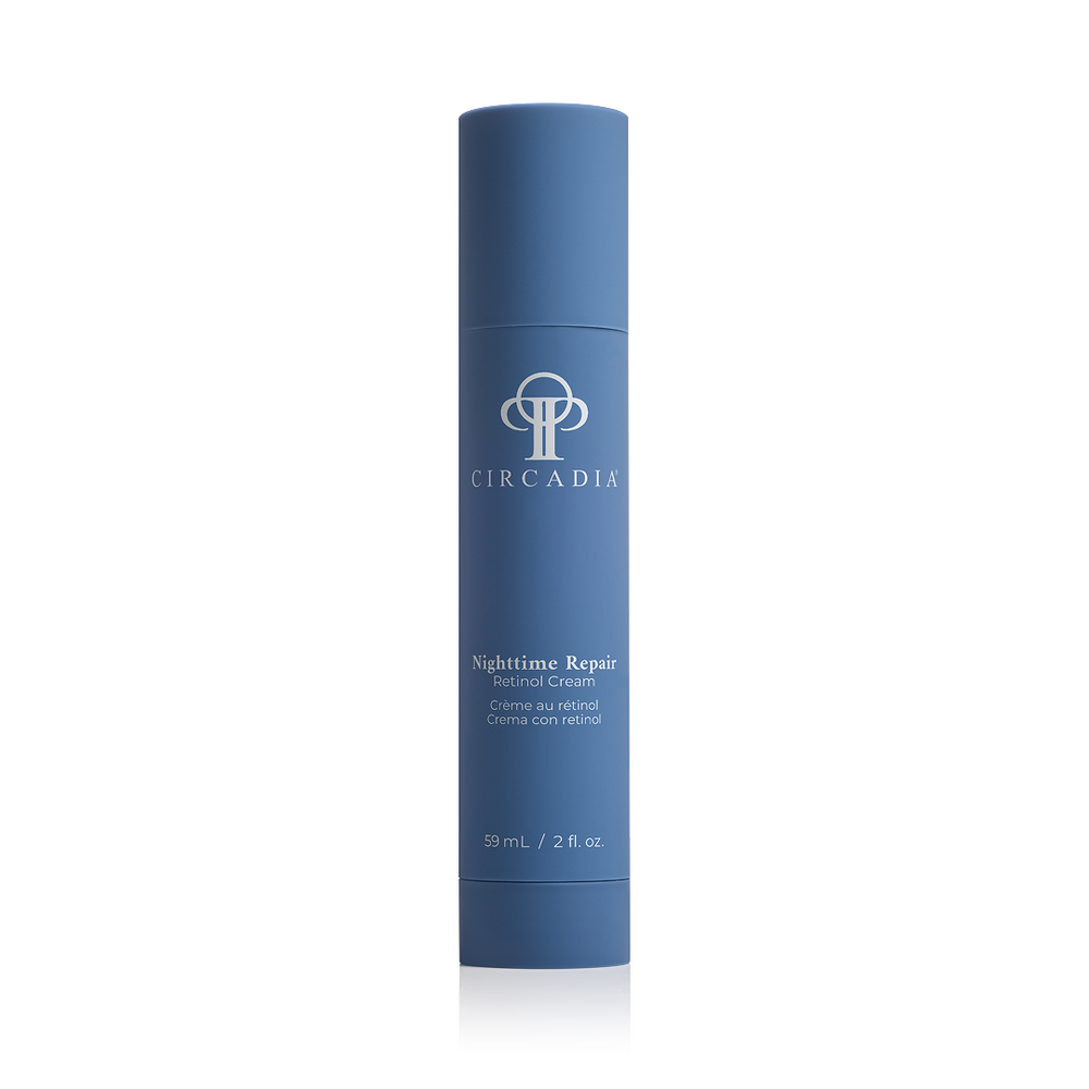 Circadia Nighttime Repair Retinol Cream jar with white lid and product label, designed for anti-aging and skin renewal.