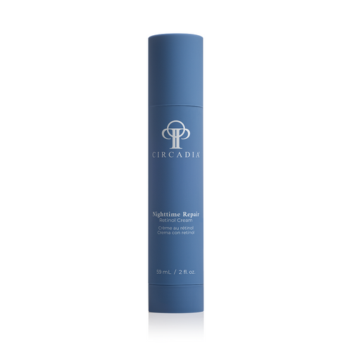 Circadia Nighttime Repair Retinol Cream jar with white lid and product label, designed for anti-aging and skin renewal.