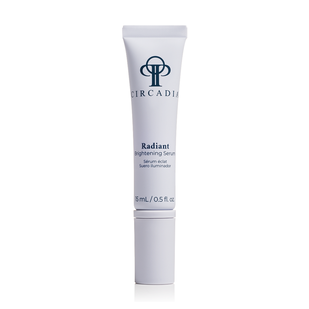 Circadia Radiant Brightening Serum in a sleek glass bottle with a dropper, designed to enhance skin brightness and radiance.