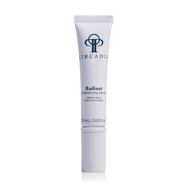 Circadia Radiant Brightening Serum in a sleek glass bottle with a dropper, designed to enhance skin brightness and radiance.