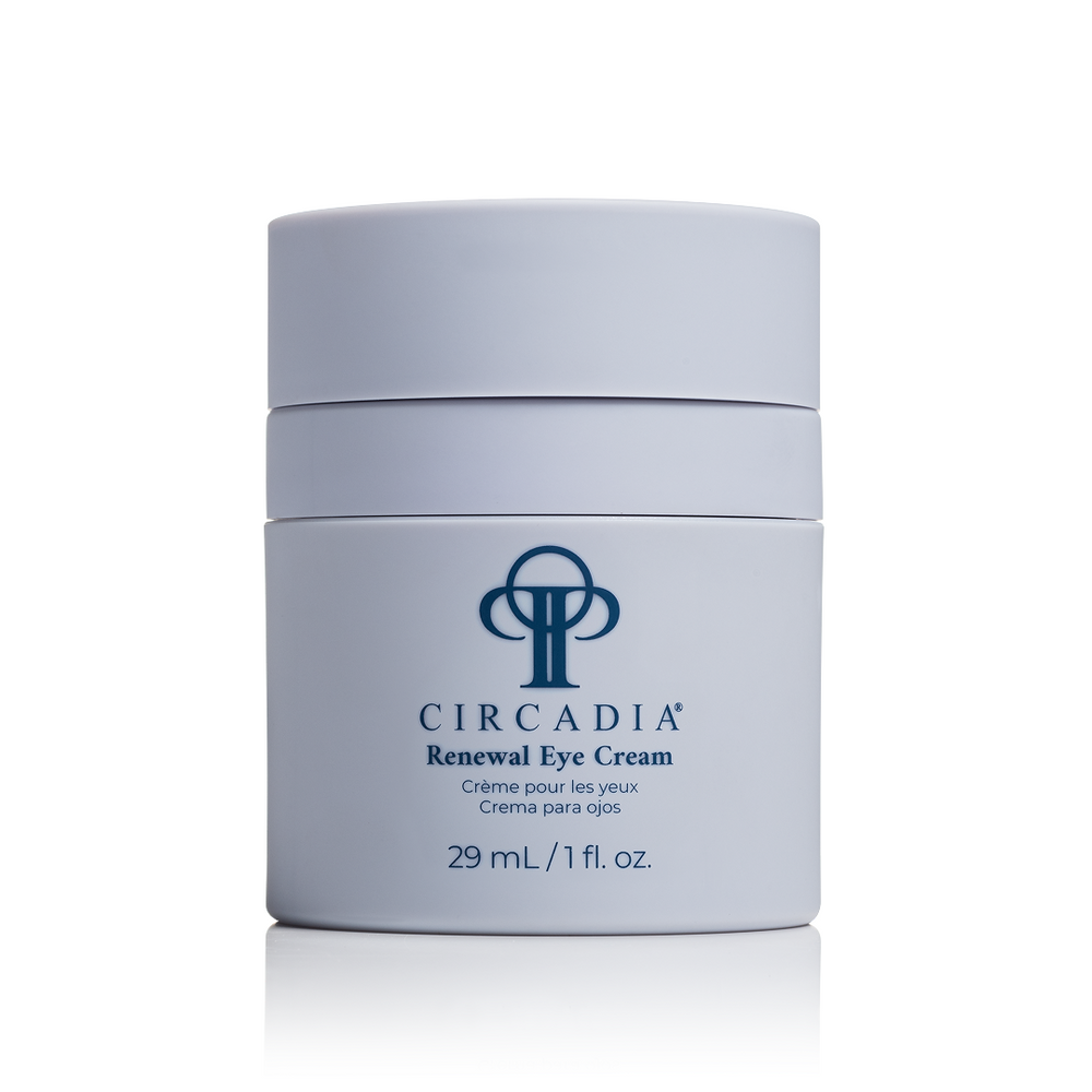 Circadia Renewal Eye Cream gel in a small jar with a white lid, designed for eye skincare and rejuvenation.