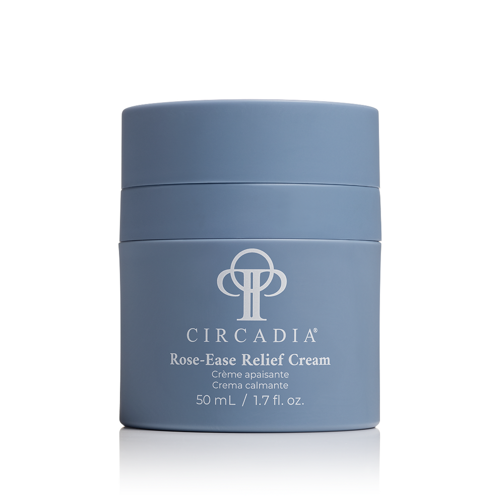Circadia Rose-Ease Relief Cream night cream jar with rose and calming ingredients visible on the label.