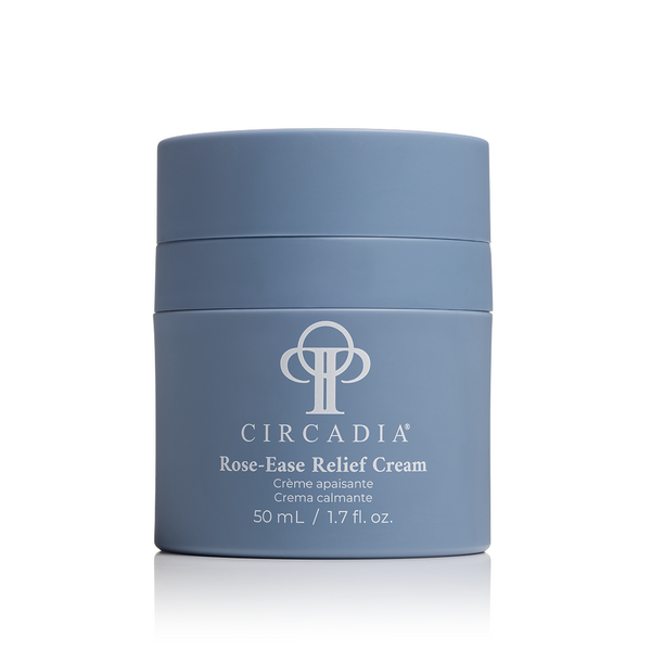 Circadia Rose-Ease Relief Cream night cream jar with rose and calming ingredients visible on the label.