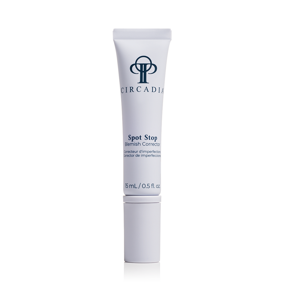 Circadia Spot Stop targeted blemish corrector serum for acne-prone skin with visible applicator and clear liquid formula.