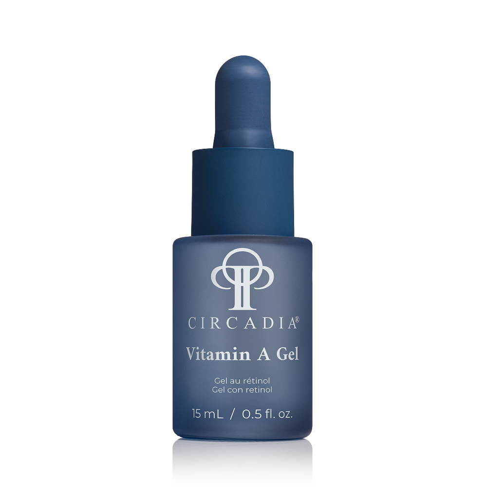 Circadia Vitamin A Gel serum in a clear bottle with a pump, showcasing its smooth, lightweight texture for skin renewal.
