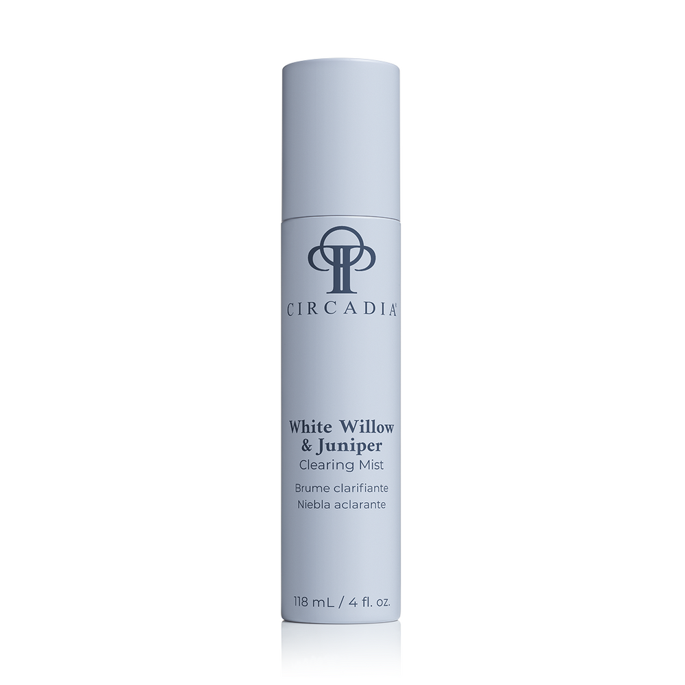 Circadia White Willow & Juniper Clearing Mist in a clear spray bottle, designed for skin refreshment and clarity.