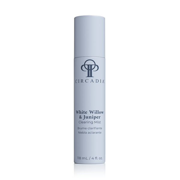 Circadia White Willow & Juniper Clearing Mist in a clear spray bottle, designed for skin refreshment and clarity.