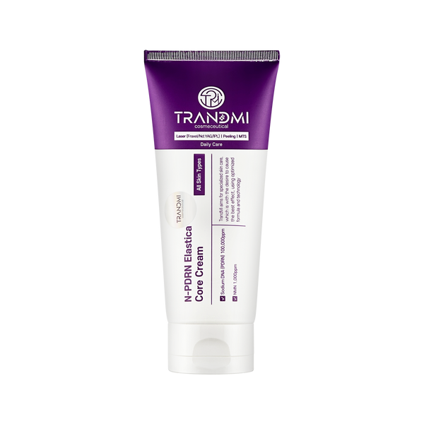 Tov Beauty Trandmi N-PDRN Elastica Core Cream in a 200ml container, showcasing the smooth cream texture and packaging design.