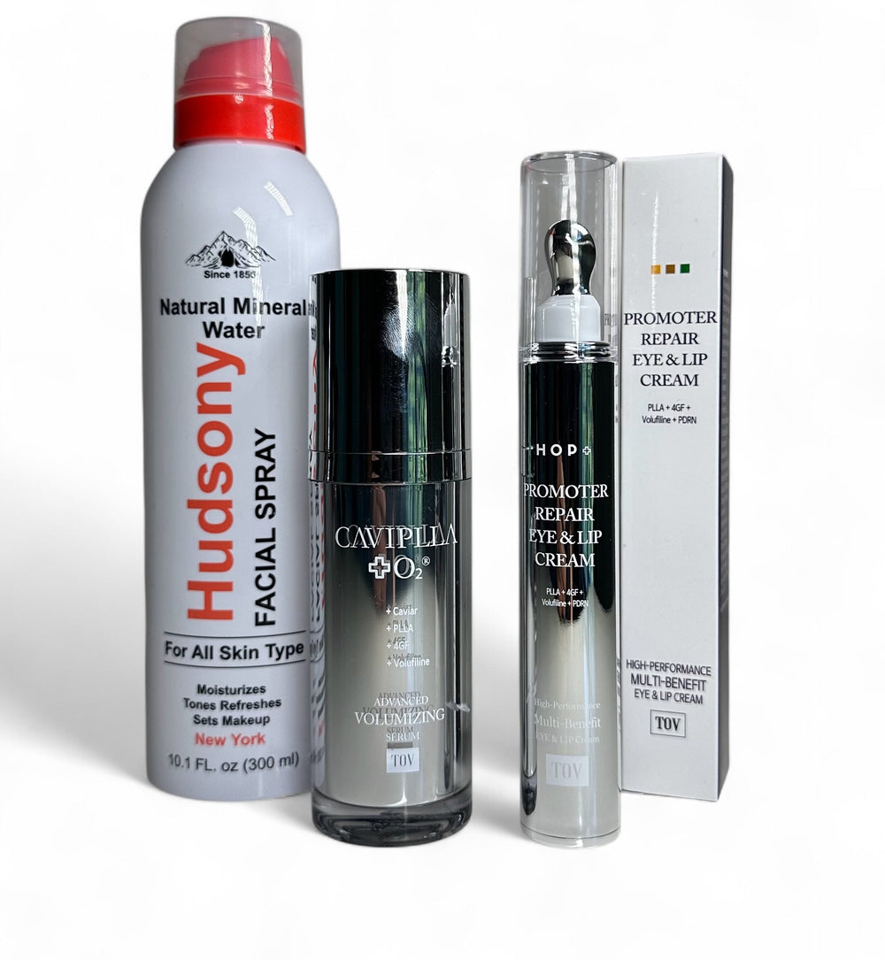 3 pc European Beauty by B skincare set including PLLA HOP+ serum, eye cream, and face mist in elegant packaging.