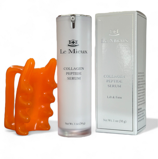 Le Mieux collagen peptide serum in a 30 ml bottle with a creamy texture and a facial massager tool beside it.
