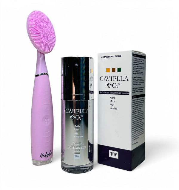 Caviplla O2 Premier Caviar Multi Serum 30ml with Face Sonic Brush on a clean background showcasing the product's packaging.