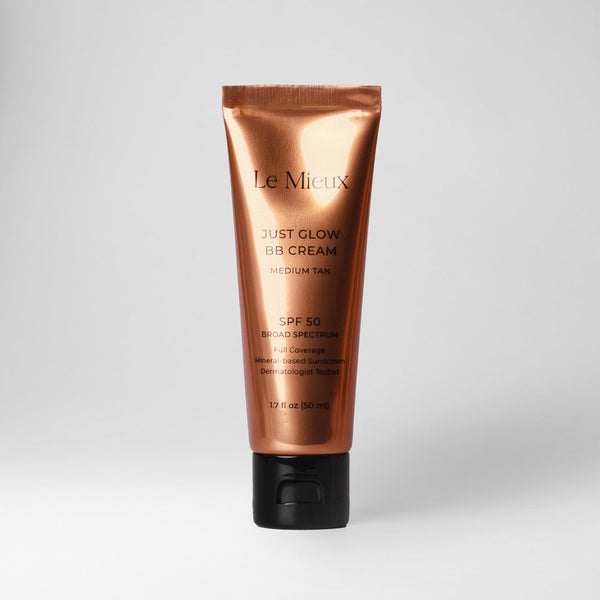 Le Mieux Just Glow BB Cream tube with SPF 50, showcasing its lightweight formula and sun protection benefits.