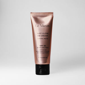 Le Mieux Just Glow BB Cream SPF 50 in a tube, showcasing its lightweight texture and sun protection benefits.