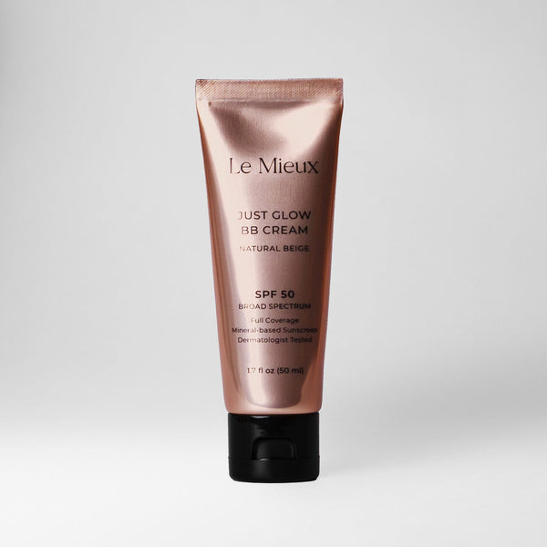 Le Mieux Just Glow BB Cream SPF 50 in a tube, showcasing its lightweight texture and sun protection benefits.
