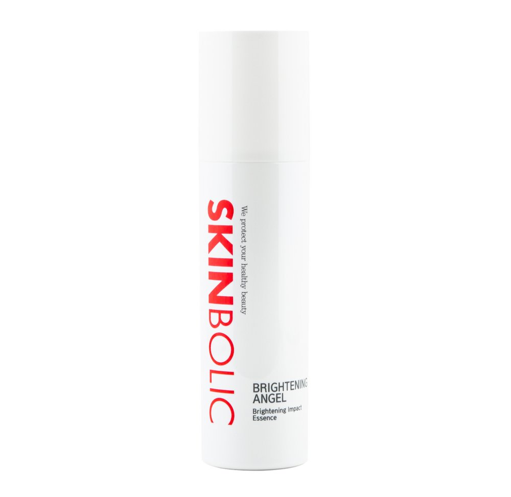 Skinbolic Brightening Angel Impact Essence 200ml bottle with a sleek design, showcasing a light, luminous liquid inside.