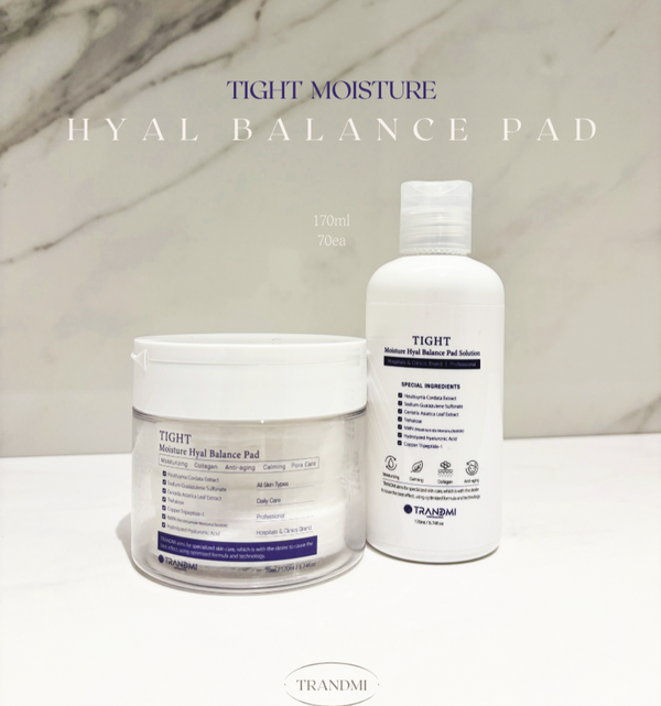 Tov Beauty TRANDMI Tight Moisture Hyal Balance Pad set with toner pads displayed in packaging on a light background.