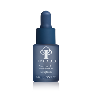 Circadia Serum 71 Renewal Serum in a sleek dropper bottle, showcasing the serum's clear, lightweight liquid consistency.