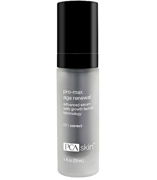 PCA Skin Pro-Max Age Renewal Serum in a 1 FL OZ bottle with a dropper, featuring a clear serum texture.