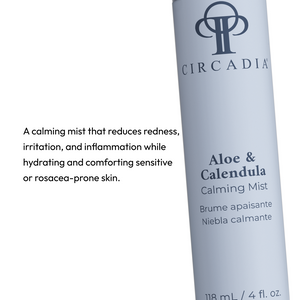Circadia Aloe & Calendula Calming Mist bottle with spray nozzle, featuring a label with natural ingredients and soothing design.