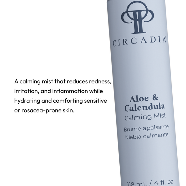 Circadia Aloe & Calendula Calming Mist bottle with spray nozzle, featuring a label with natural ingredients and soothing design.