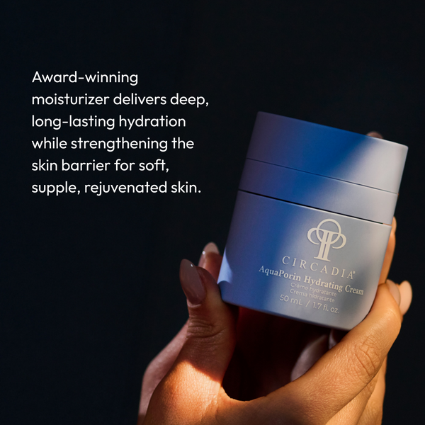 Circadia AquaPorin Hydrating Cream moisturizer in a jar, showcasing its smooth, light texture for deep skin hydration.