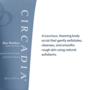 Circadia Blue Bamboo Exfoliator gel cleanser for body with blue bamboo extract, shown in a clear tube with blue accents.