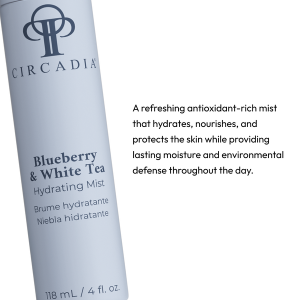 Circadia Blueberry and White Tea Hydrating Mist in a spray bottle, designed to hydrate and refresh the skin.