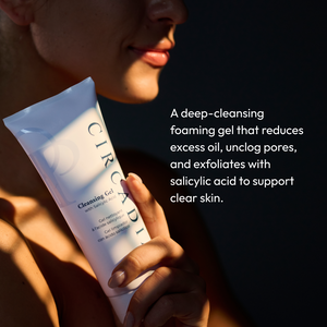 Circadia Cleansing Gel with Salicylic Acid for acne-prone skin, showing the clear gel in a pump bottle.