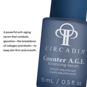 Circadia Counter A.G.E. Balancing Serum in a clear glass bottle with dropper, designed to reduce signs of aging and balance skin.