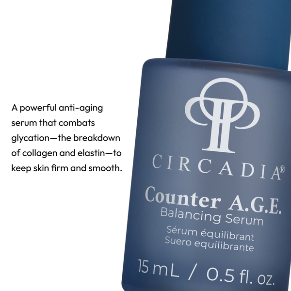Circadia Counter A.G.E. Balancing Serum in a clear glass bottle with dropper, designed to reduce signs of aging and balance skin.