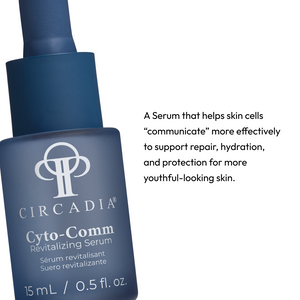 Circadia Cyto-Comm Revitalizing Serum bottle, clear glass container with dropper, for skincare and skin rejuvenation.
