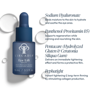 Circadia Eye Lift Serum bottle shown, a skincare serum designed to lift and firm the eye area with a sleek packaging design.