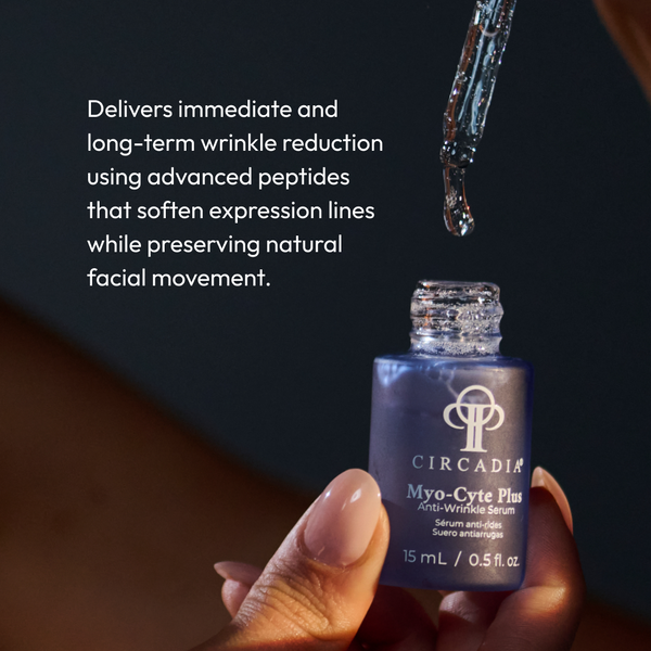 Circadia Myo-Cyte Plus anti-wrinkle serum in a sleek bottle, featuring a dropper for precise application.