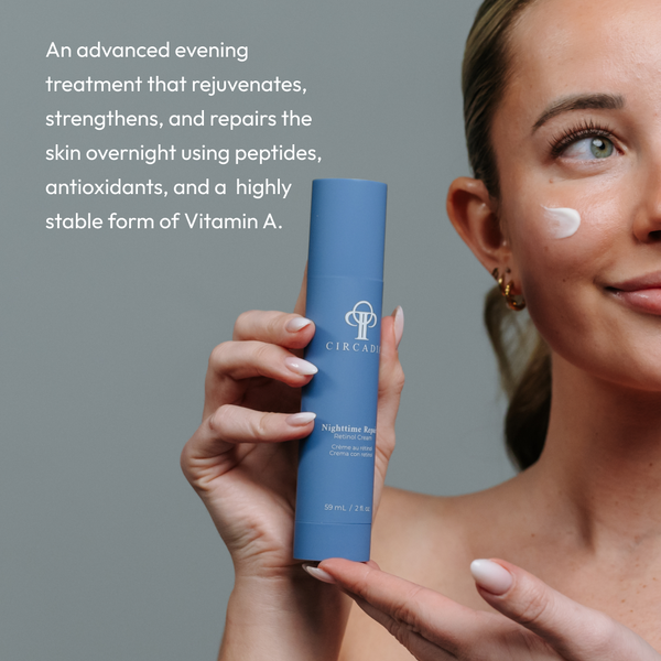 Circadia Nighttime Repair Retinol Cream jar with white lid and label, featuring smooth cream texture and product branding.