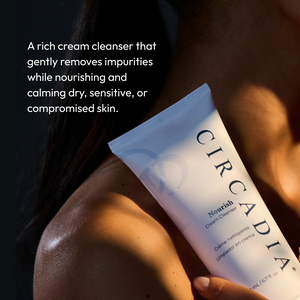 Circadia Nourish Cream Cleanser gel in a clear tube with white cap, showing the gentle skincare formula for nourishing facial cleansing.