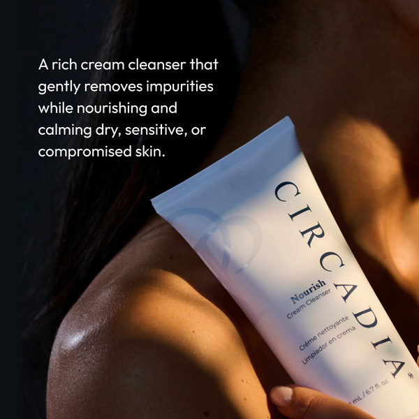 Circadia Nourish Cream Cleanser gel in a clear tube with white cap, showing the gentle skincare formula for nourishing facial cleansing.